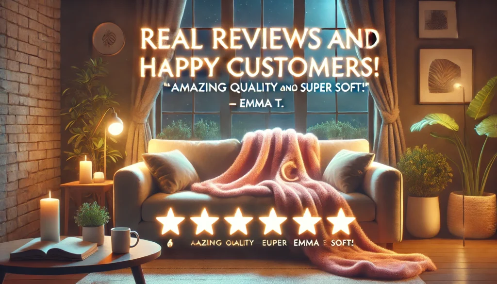 DALL·E 2024 12 24 15.35.20 A landscape image promoting an online blanket store with customer reviews. The scene includes a cozy warmly lit living room with a fleece blanket dra